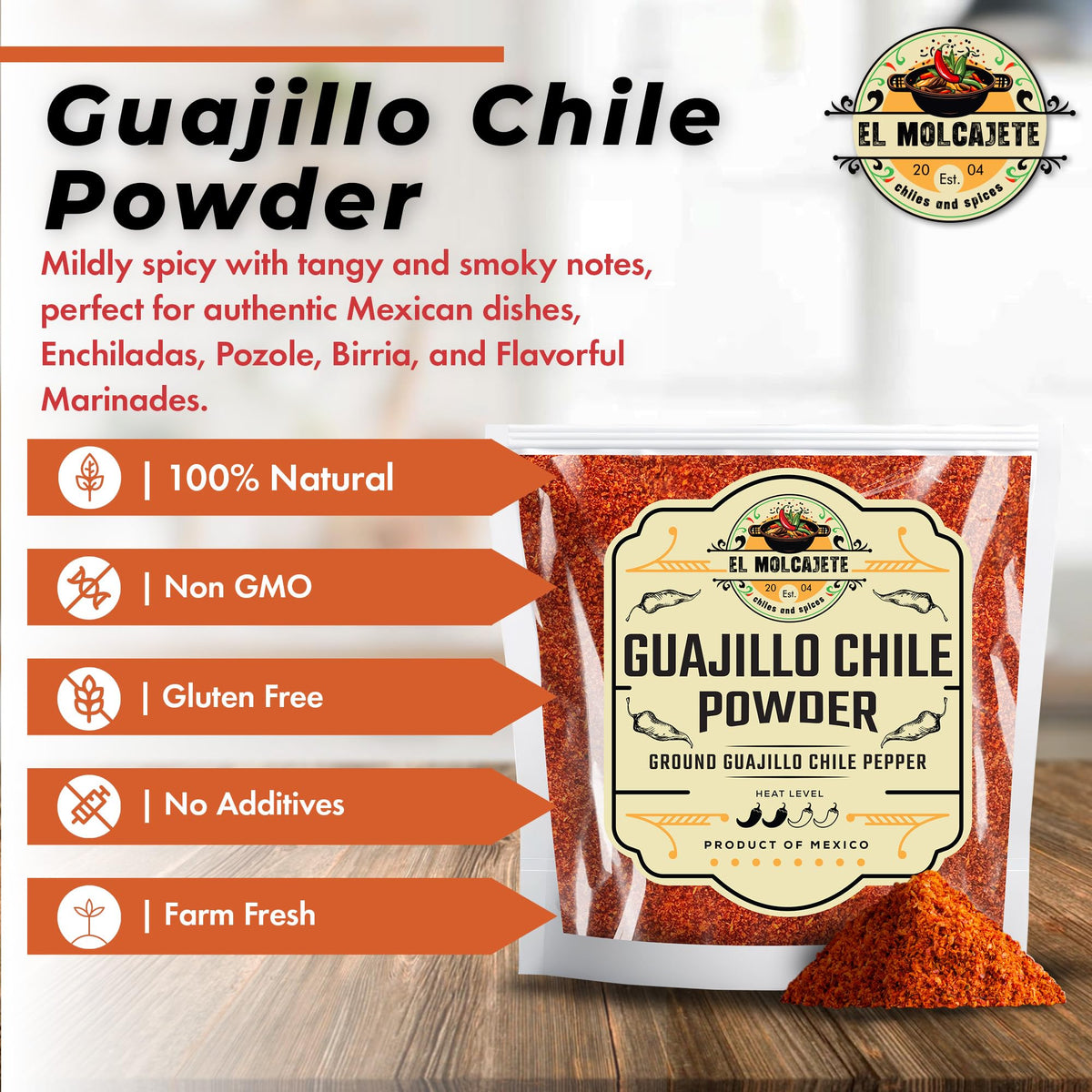 El Molcajete chipotle powder bag delivers bold, smoky heat for grilled dishes.