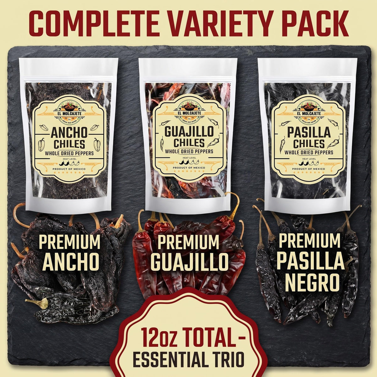 El Molcajete guajillo chile packaging keeps flavor intact for quick sauces.