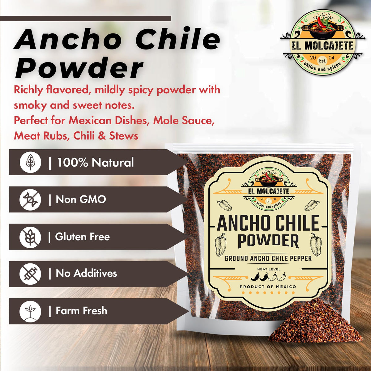 El Molcajete guajillo powder bag adds bright tang and smoky depth for marinades.