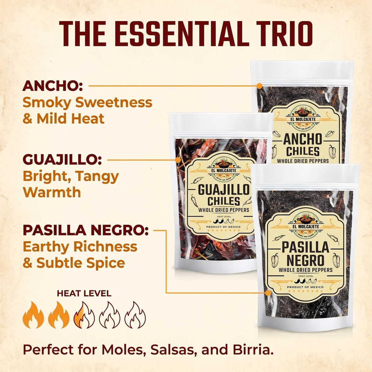 El Molcajete guajillo chile whole adds bright, tangy warmth to sauces and stews.