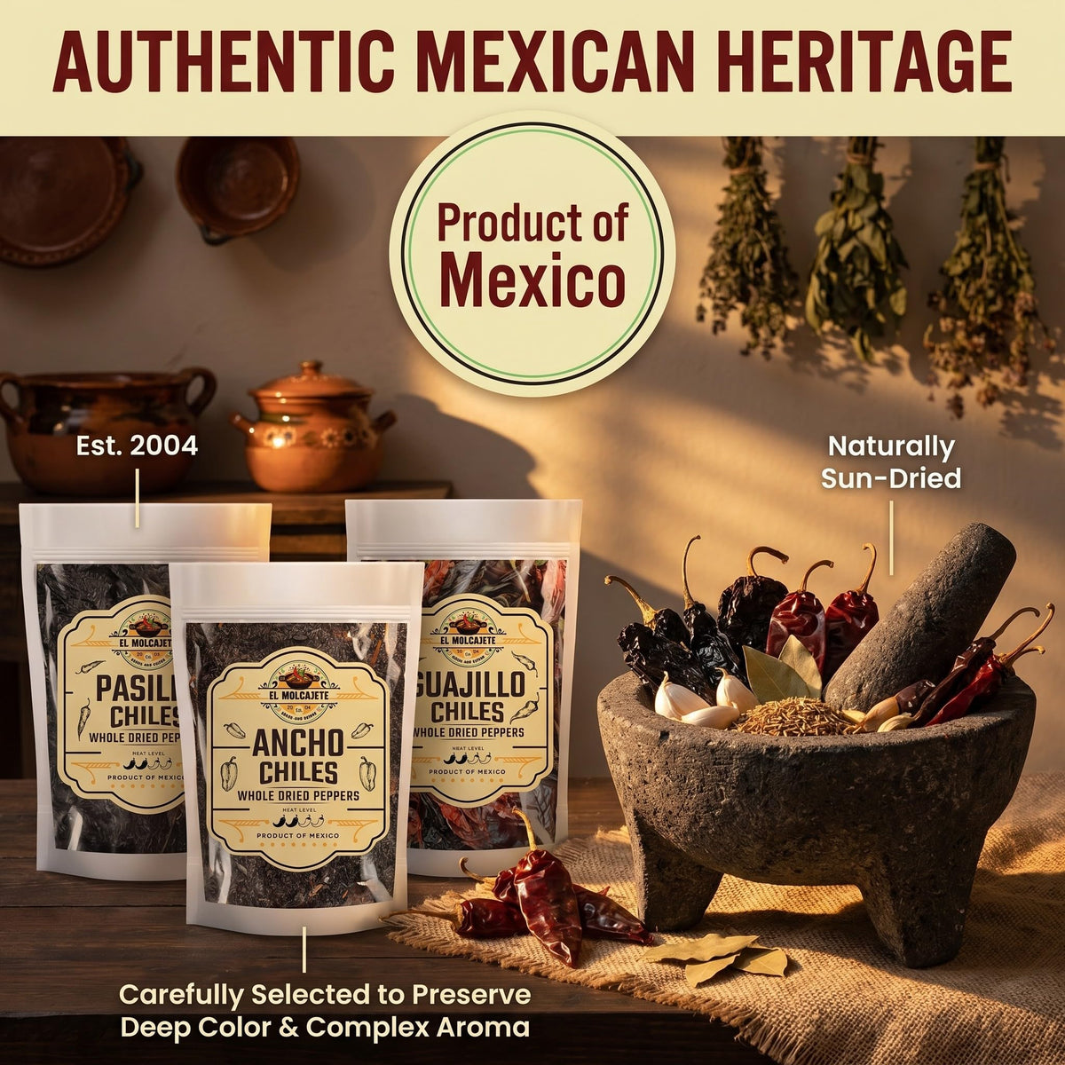 El Molcajete pasilla negro chile packaging protects richness for long-term use.