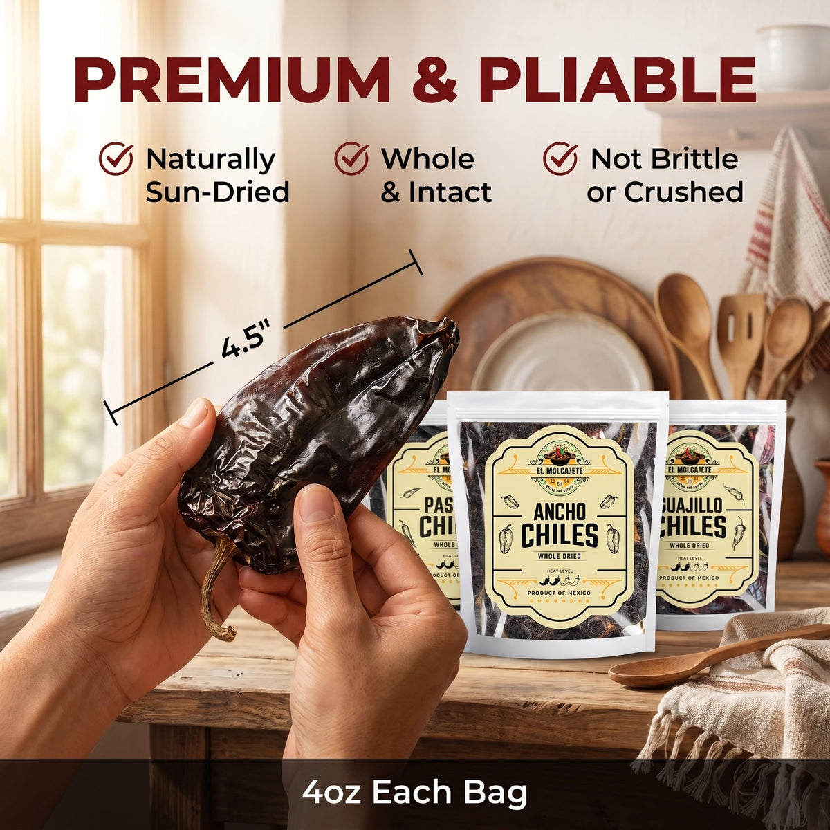 El Molcajete pasilla negro chile whole delivers earthy depth for gravies and rubs.