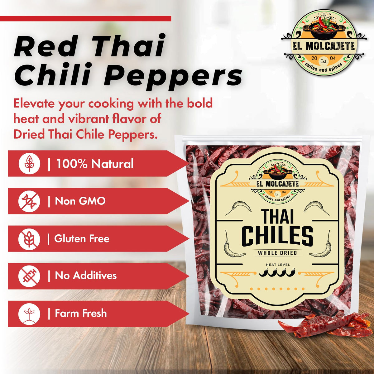 El Molcajete whole Thai chili peppers in resealable bag preserve freshness for months.