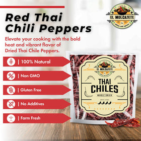 El Molcajete whole Thai chili peppers in resealable bag preserve freshness for months.