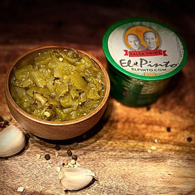 El Pinto Chopped Green Chile Hot pour demonstrates ready-to-use spice and heat.