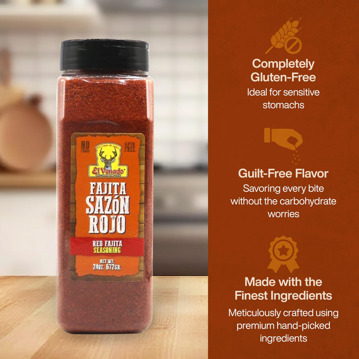 El Venado Fajita Sazon Rojo spice mix in bowl enhances flavor.