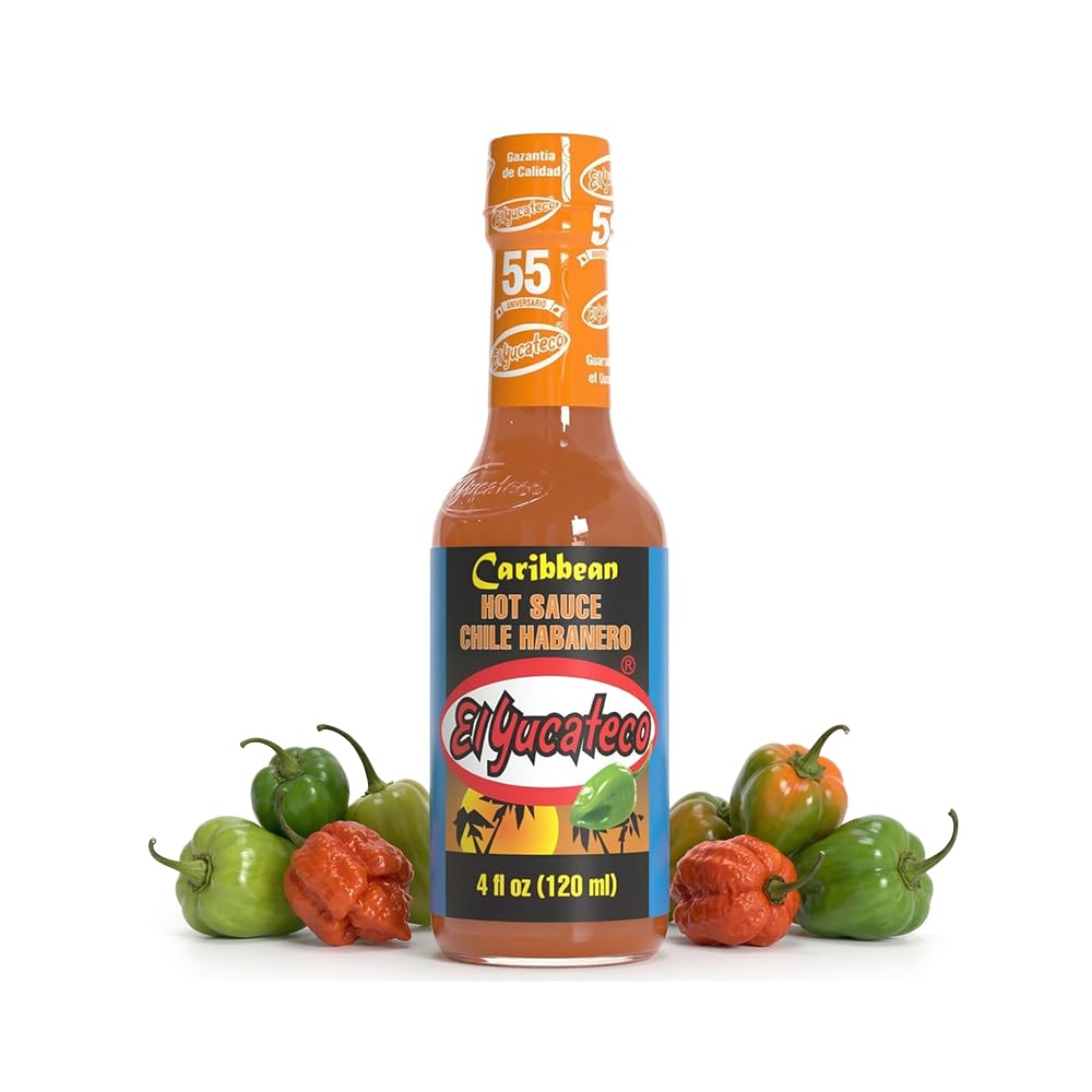 El Yucateco Caribbean Habanero sauce bottle front enhances meals with authentic Caribbean heat
