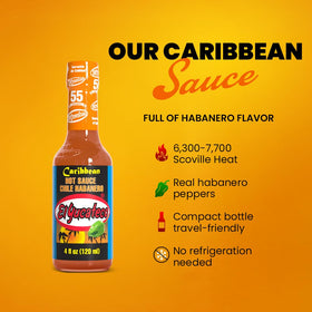 El Yucateco Caribbean Habanero sauce pour action suggests easy, controlled heat on dishes