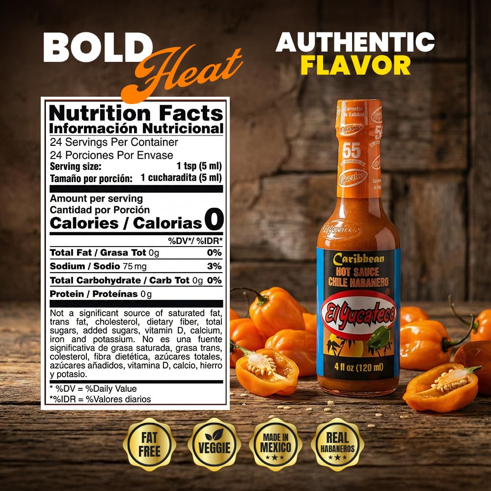 El Yucateco Caribbean Habanero sauce side view highlights premium glass packaging