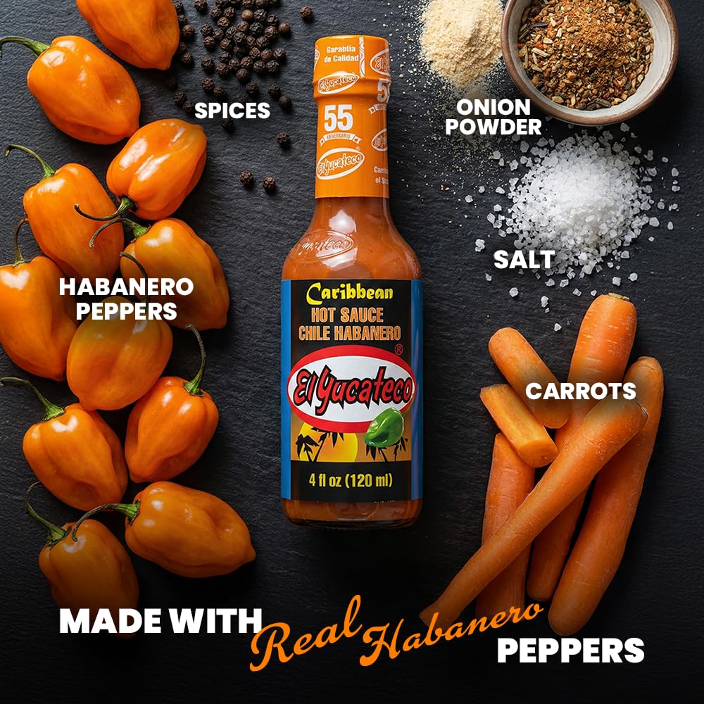 El Yucateco Caribbean Habanero sauce ingredients closeup shows peppers and carrots