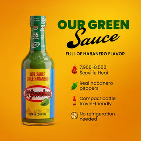 El Yucateco Green Habanero bottle tilt emphasizes convenient spice in daily cooking.