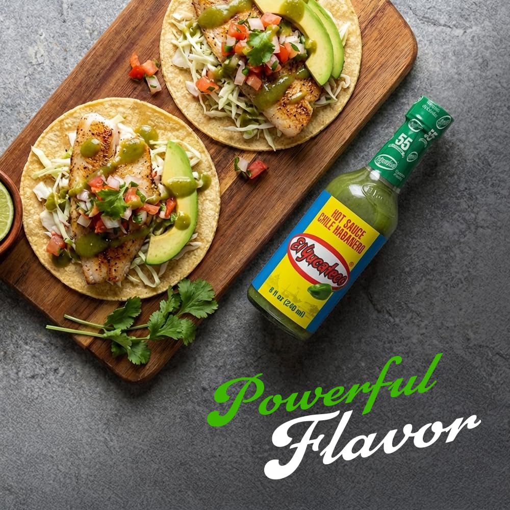 El Yucateco Green Habanero glass bottle suggests gluten-free, versatile flavor for meals.