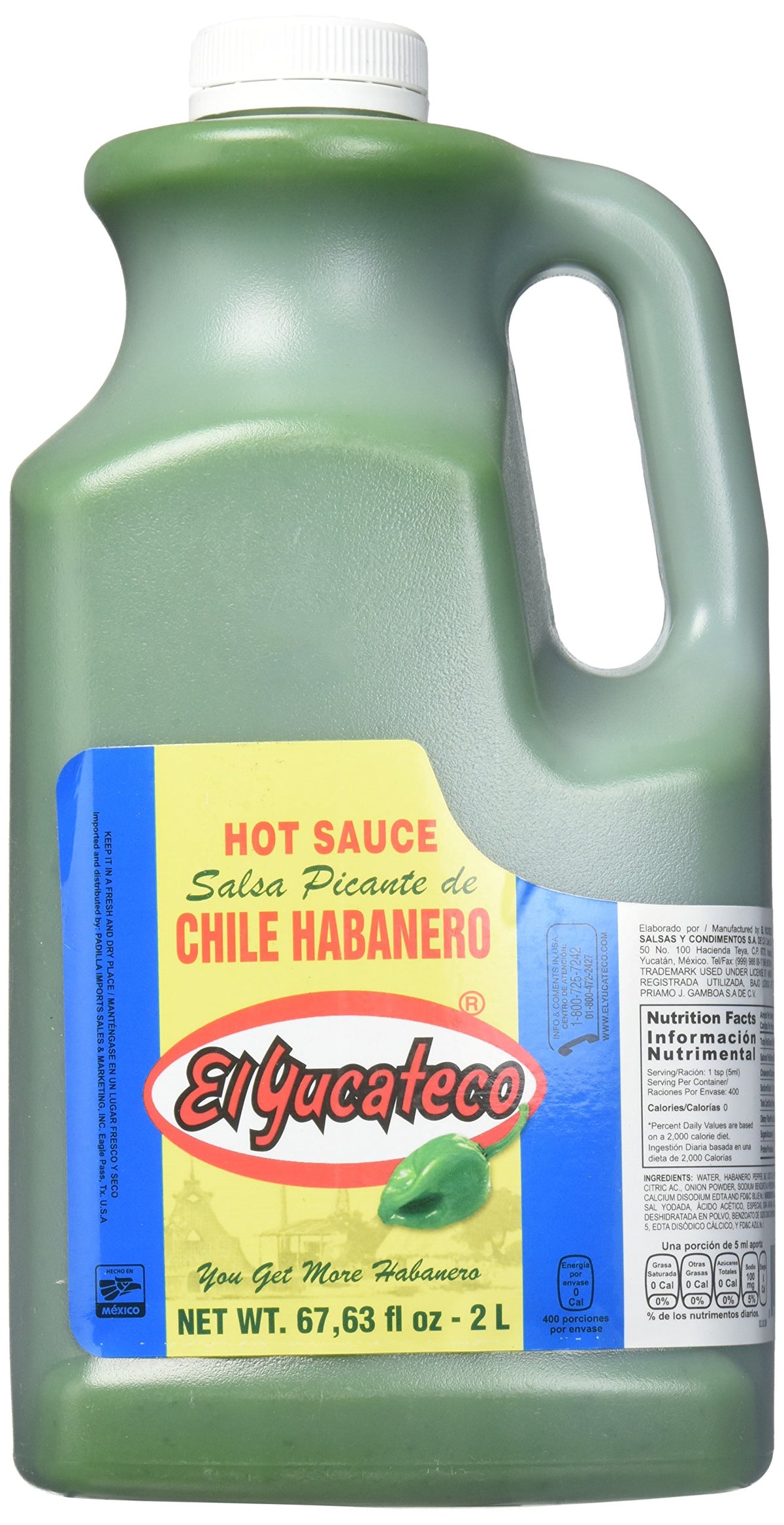 El Yucateco Green Habanero hot sauce half-gallon bottle for bold flavor in tacos and marinades.