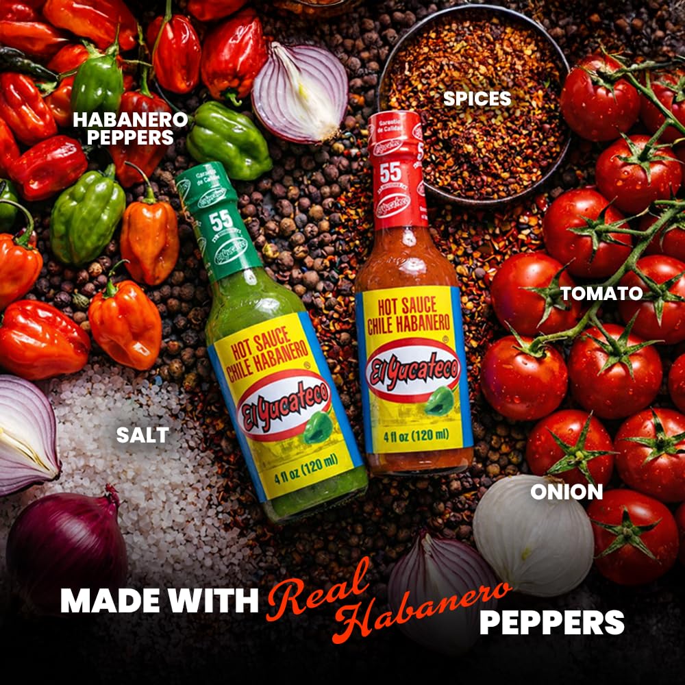 El Yucateco red bottle pour delivers robust, smoky heat for grilled dishes.
