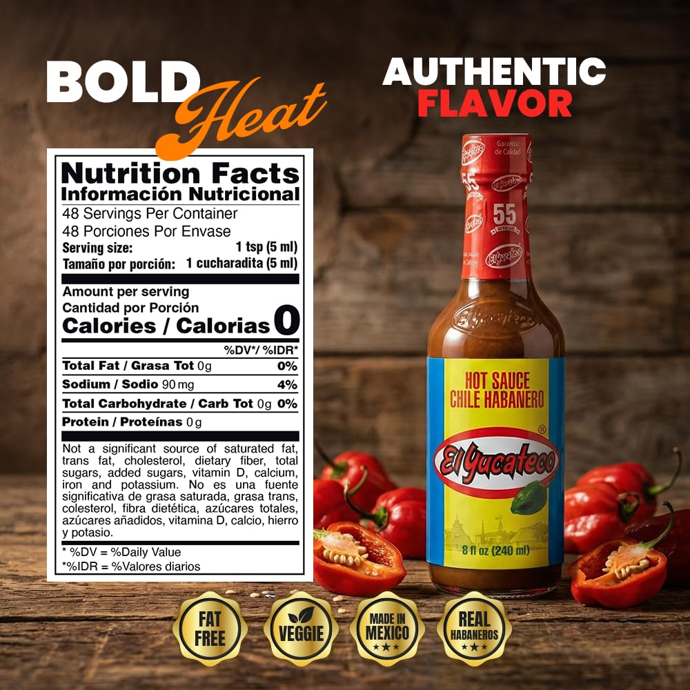 El Yucateco Red Habanero label close-up highlights traditional recipe and premium peppers.