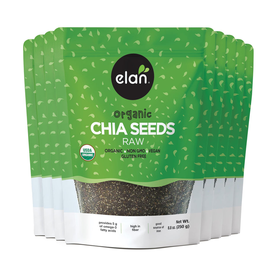 Elan Organic Chia Seeds bag close-up, ideal for smoothies and puddings.