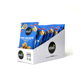 Elan Organic Chia Walnuts packaging highlights eco-friendly design for on-the-go snacking.