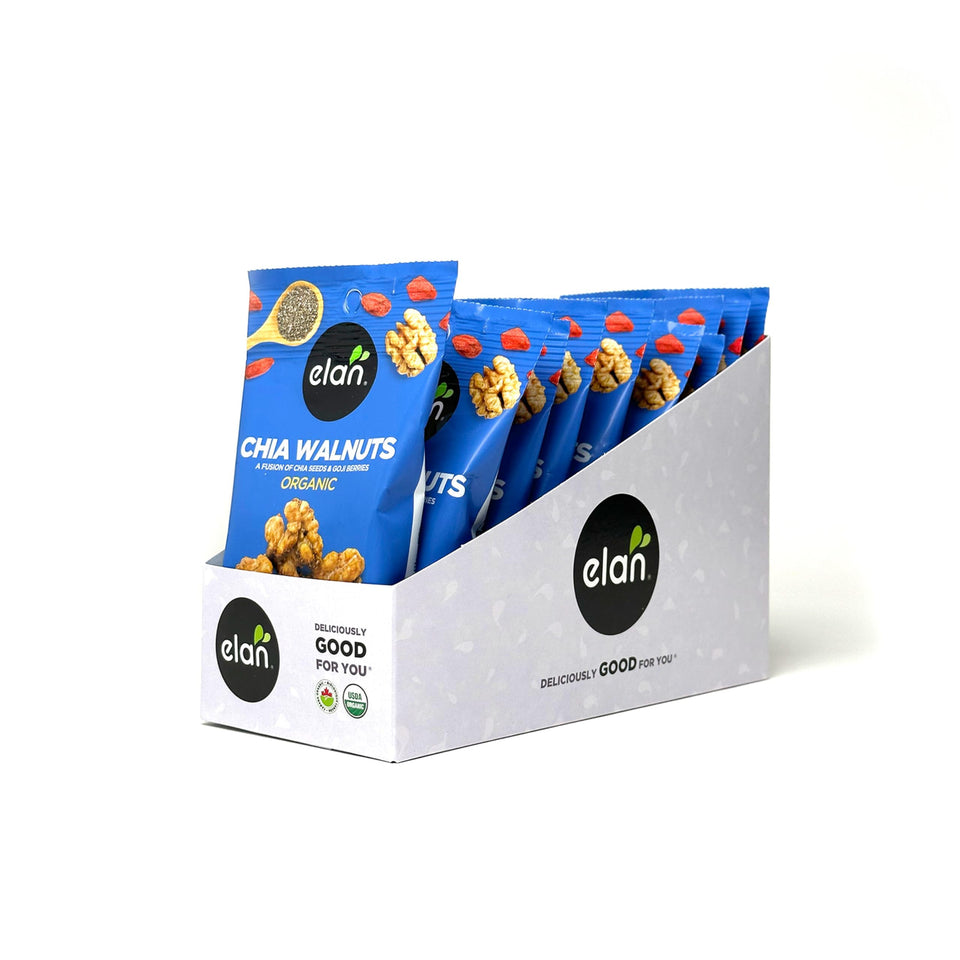 Elan Organic Chia Walnuts packaging highlights eco-friendly design for on-the-go snacking.