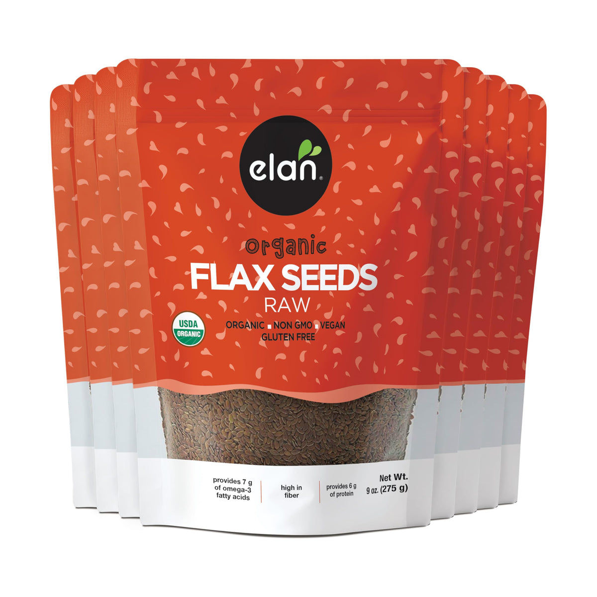 Elan Organic Flax Seeds packaging on kitchen counter, a convenient pantry staple rich in fiber.