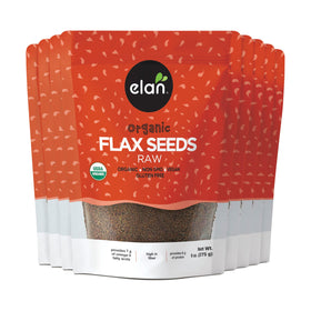 Elan Organic Flax Seeds packaging on kitchen counter, a convenient pantry staple rich in fiber.