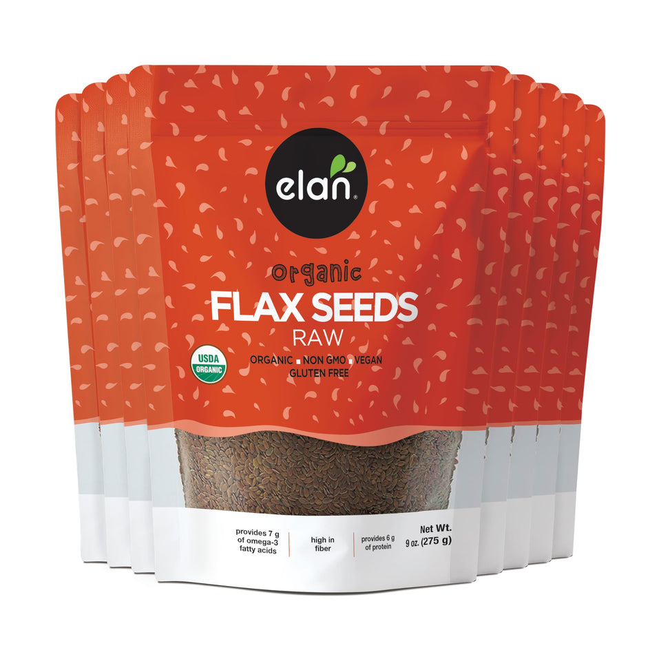 Elan Organic Flax Seeds packaging on kitchen counter, a convenient pantry staple rich in fiber.