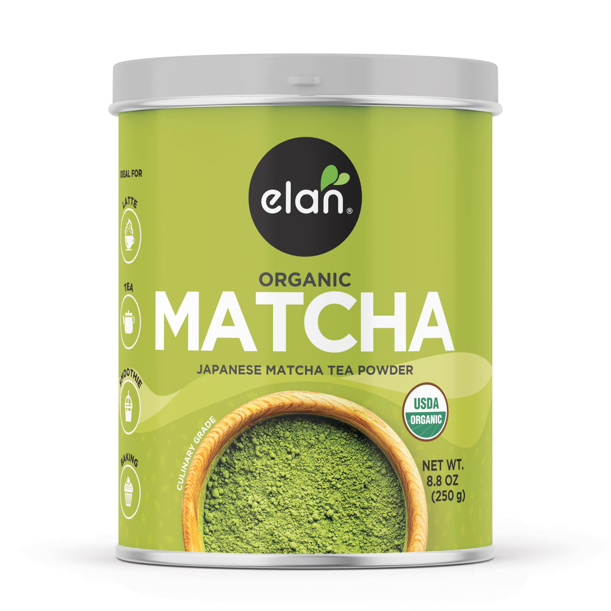 Elan Organic Matcha powder in a resealable bag ready for smoothies and lattes