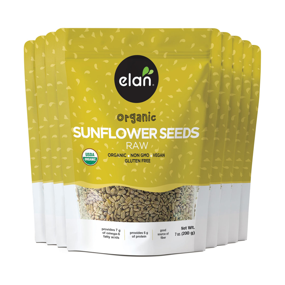 Elan Organic raw sunflower seeds in a bowl, hulled for a protein and fiber boost.