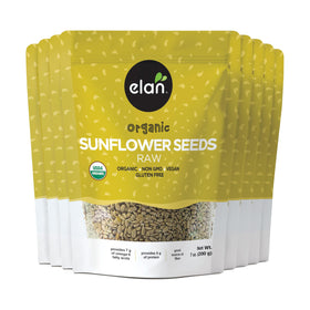 Elan Organic raw sunflower seeds in a bowl, hulled for a protein and fiber boost.