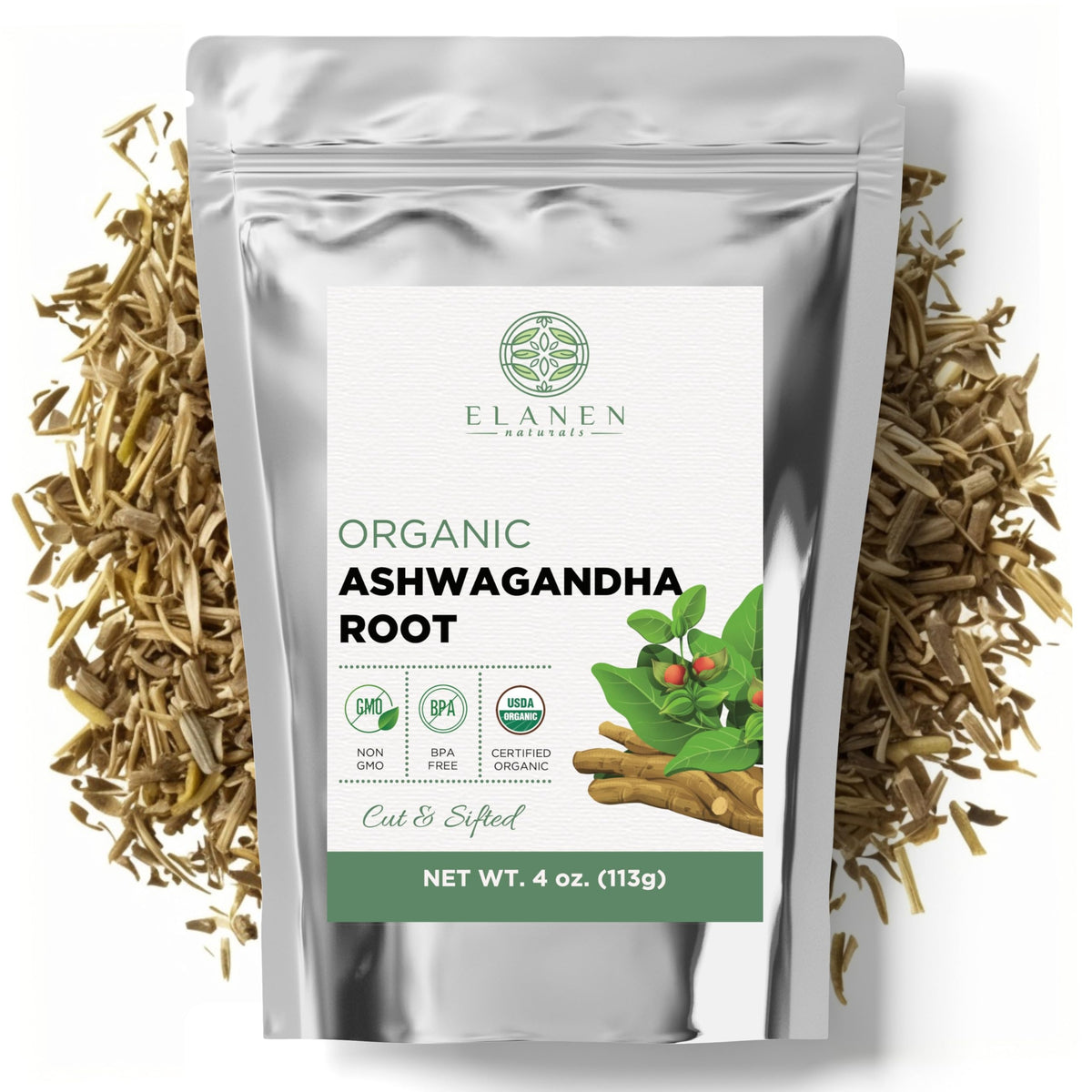 Elanen Naturals Ashwagandha root tea loose leaf ready to steep for a soothing cup.
