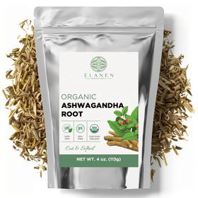 Elanen Naturals Ashwagandha root tea loose leaf ready to steep for a soothing cup.