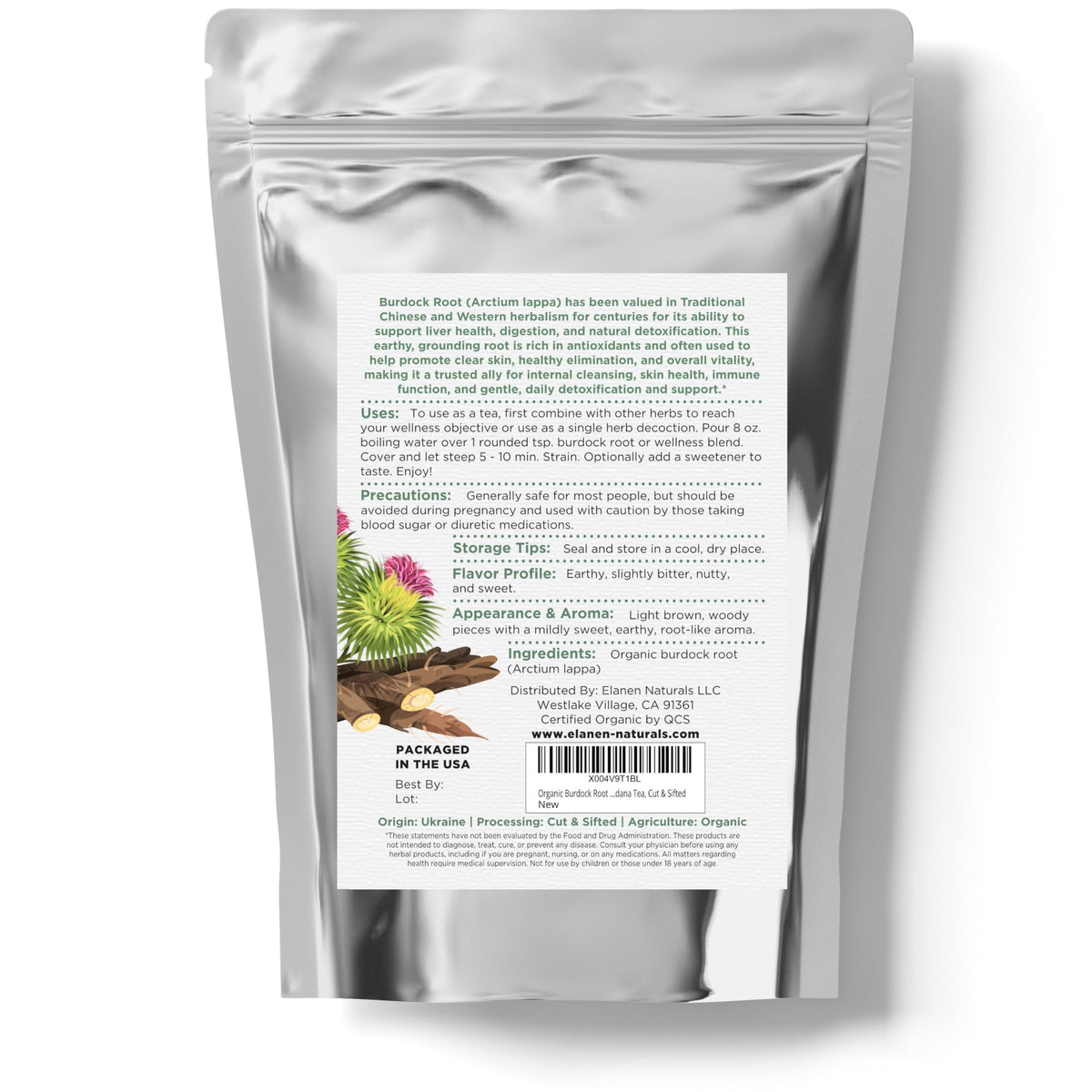 Elanen Naturals burdock root processed in a GMP California facility.