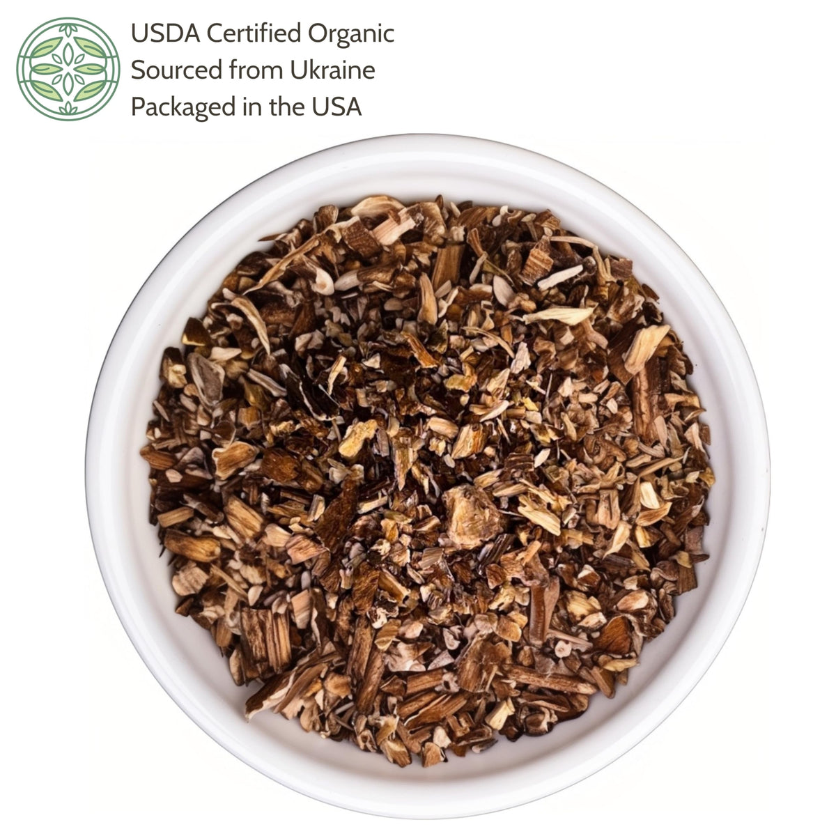 Elanen Naturals burdock root dried slices prepared for brewing and blends.