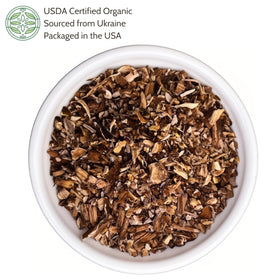 Elanen Naturals burdock root dried slices prepared for brewing and blends.
