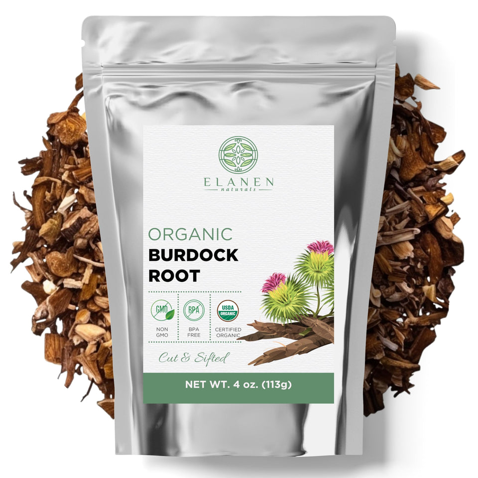 Elanen Naturals burdock root loose tea in a wooden bowl for infusion.