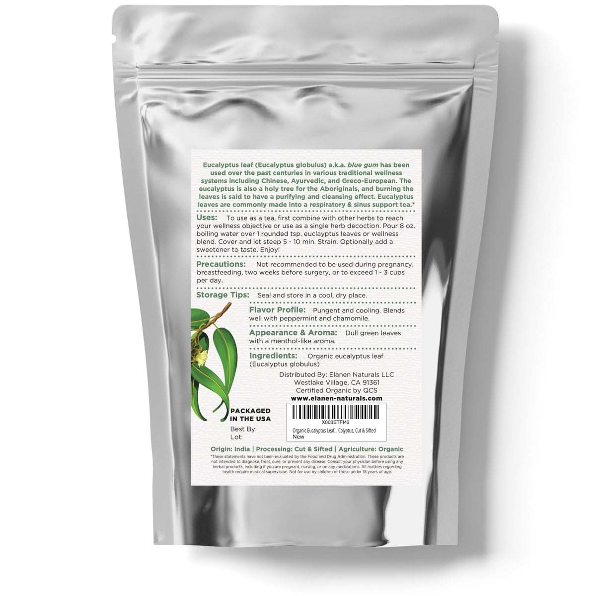 Elanen Naturals FDA-registered facility badge on packaging reflecting GMP HACCP compliance
