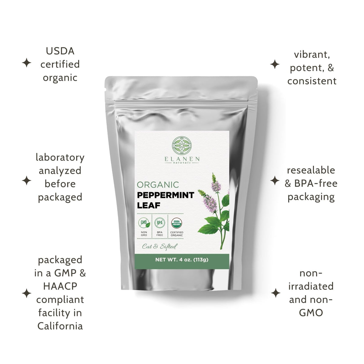 Elanen Naturals hand-picked mint leaves for premium flavor