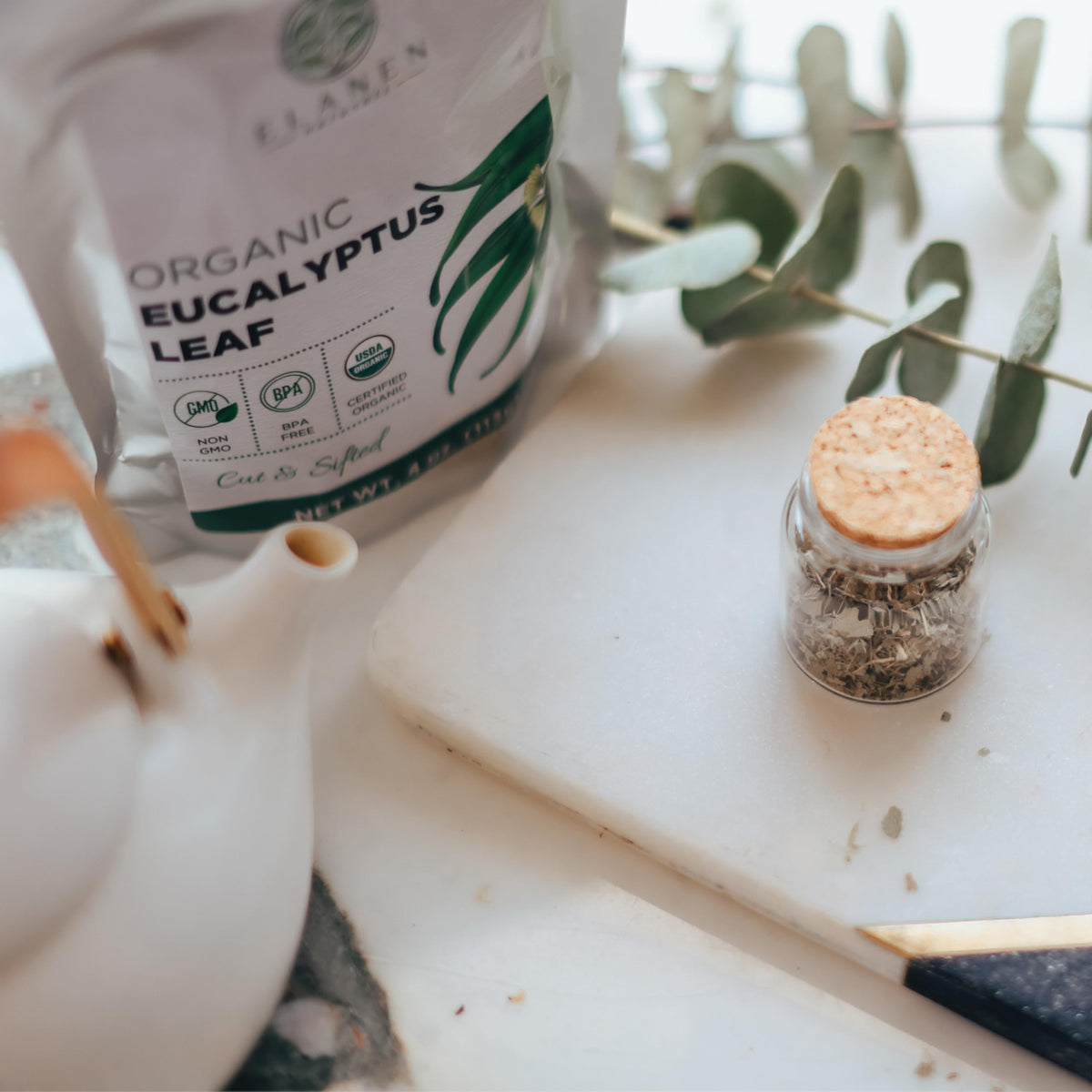 Elanen Naturals Indian-sourced eucalyptus leaves with fragrant scent ideal for herbal tea blends