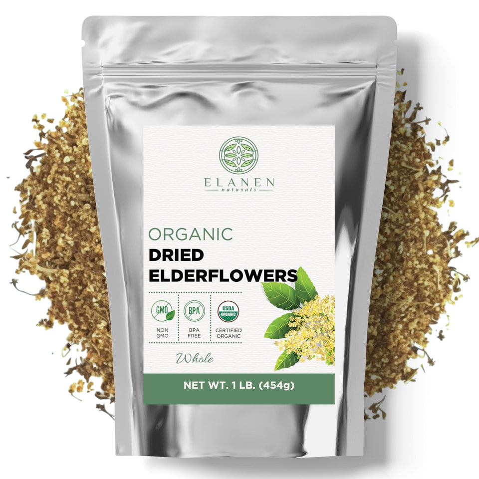 Elanen Naturals organic dried elderflowers in a 16oz bag, ideal for premium tea infusions