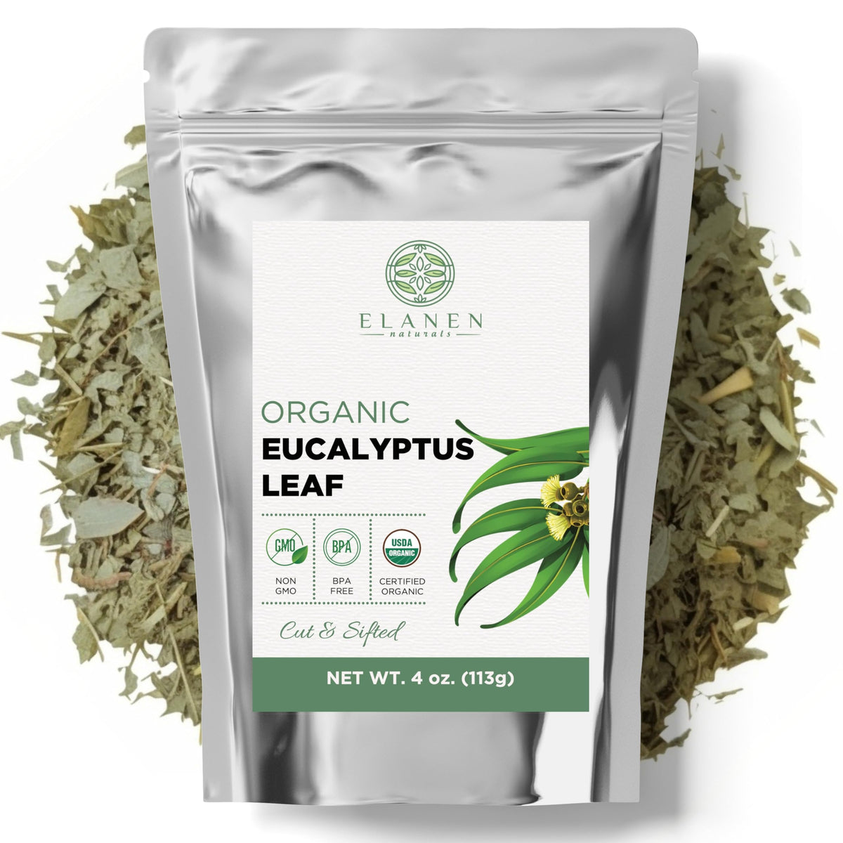 Elanen Naturals organic eucalyptus leaves packaging close-up for a fresh aroma