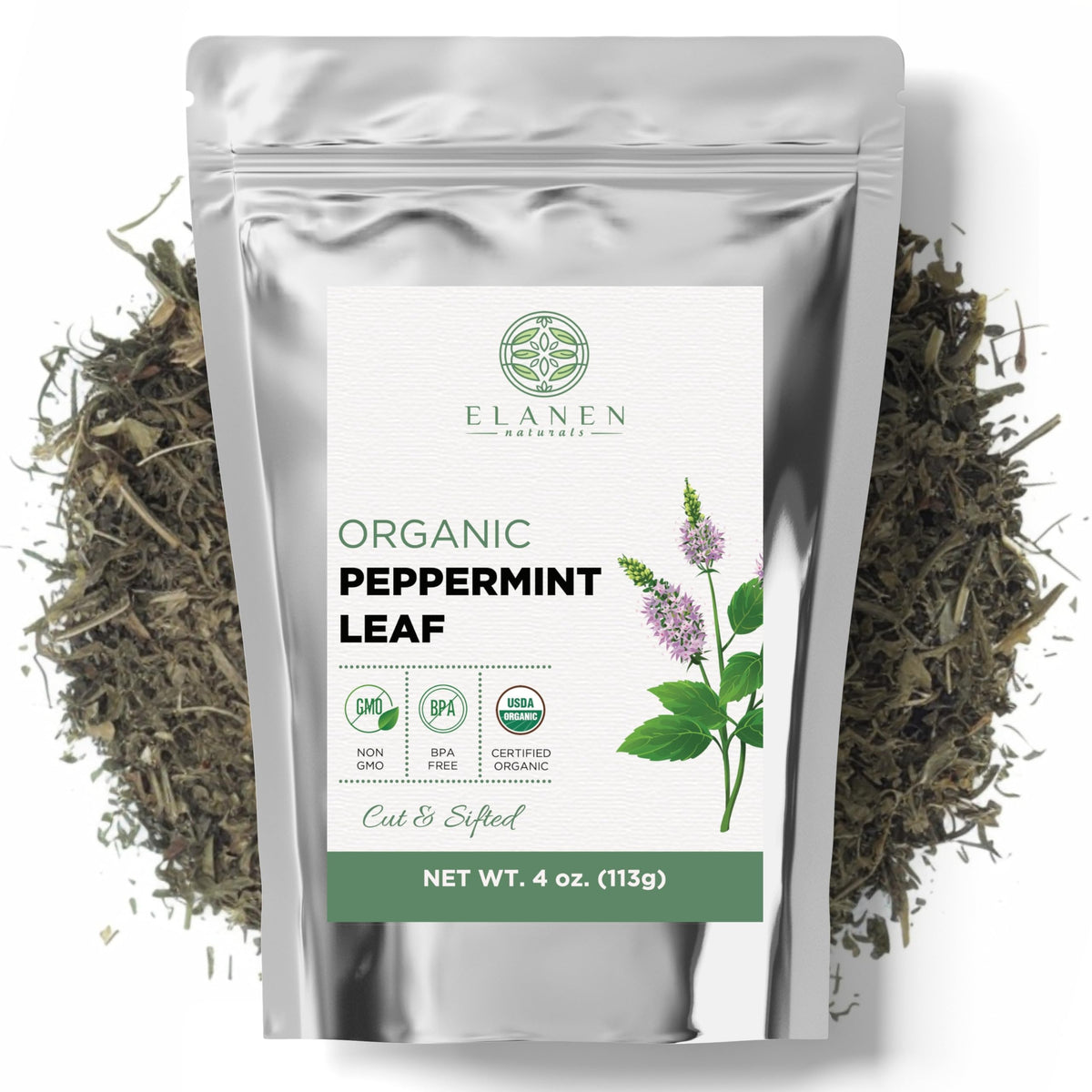 Elanen Naturals organic peppermint leaves 4oz pack, ready for fresh tea flavor