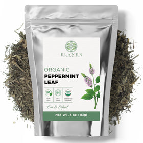 Elanen Naturals organic peppermint leaves 4oz pack, ready for fresh tea flavor