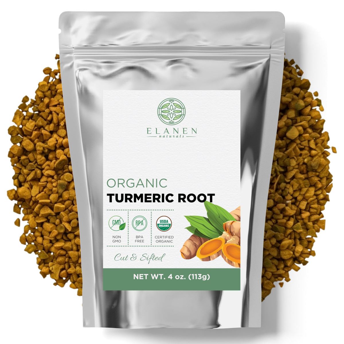 Elanen Naturals organic turmeric root 4oz packaging for cooking and tea