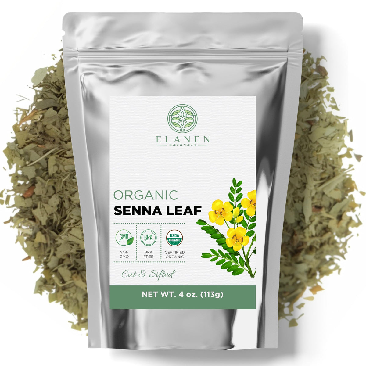 Elanen Naturals Senna leaf tea in a resealable pouch for fresh, organic brewing.