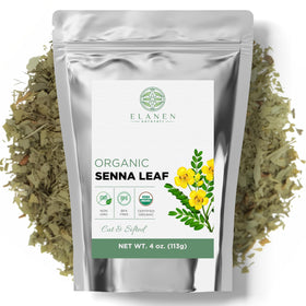 Elanen Naturals Senna leaf tea in a resealable pouch for fresh, organic brewing.
