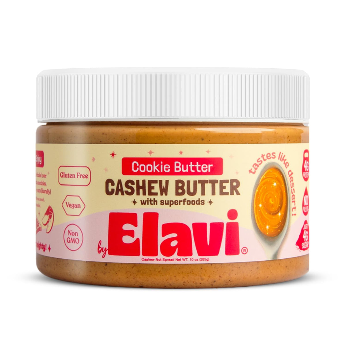 ELAVI Keto Cashew Butter jar on counter, ready for snacks.