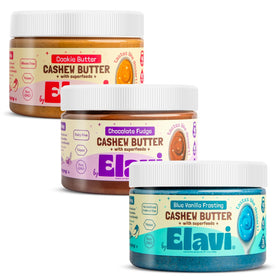 ELAVI Keto Cashew Butter jar on a wooden table, rich, low-sugar dessert spread