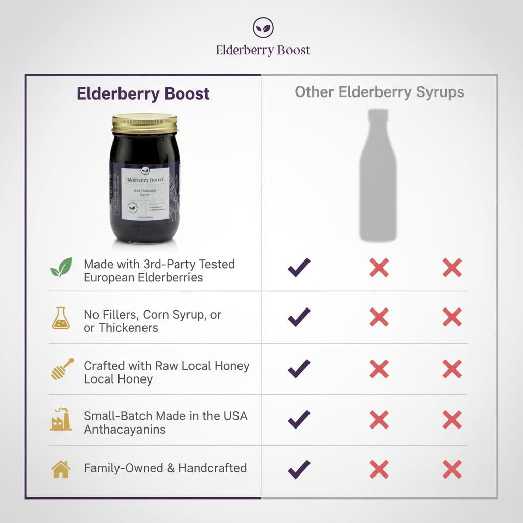 Elderberry Boost bottle with spoon shows daily dose option