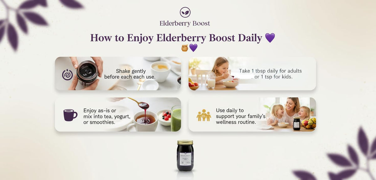 Elderberry Boost family enjoys syrup in tea or yogurt