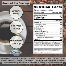 Steaming Elderwise Coffee cup highlighting rich aroma and taste.