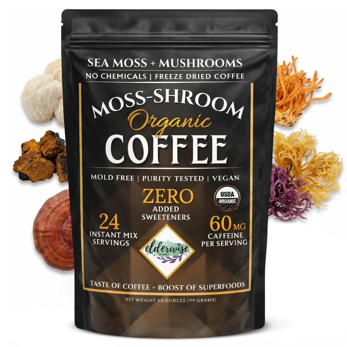 Elderwise Coffee front pack with premium blend and fair trade badge.